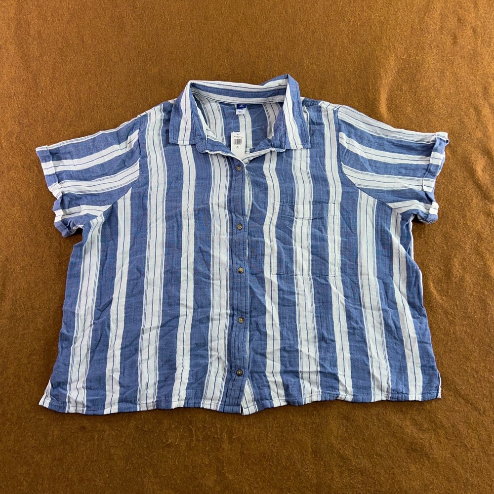 Old Navy Womens XL Tall Blue Striped Cotton Short Sleeve Button Up Shirt NWT